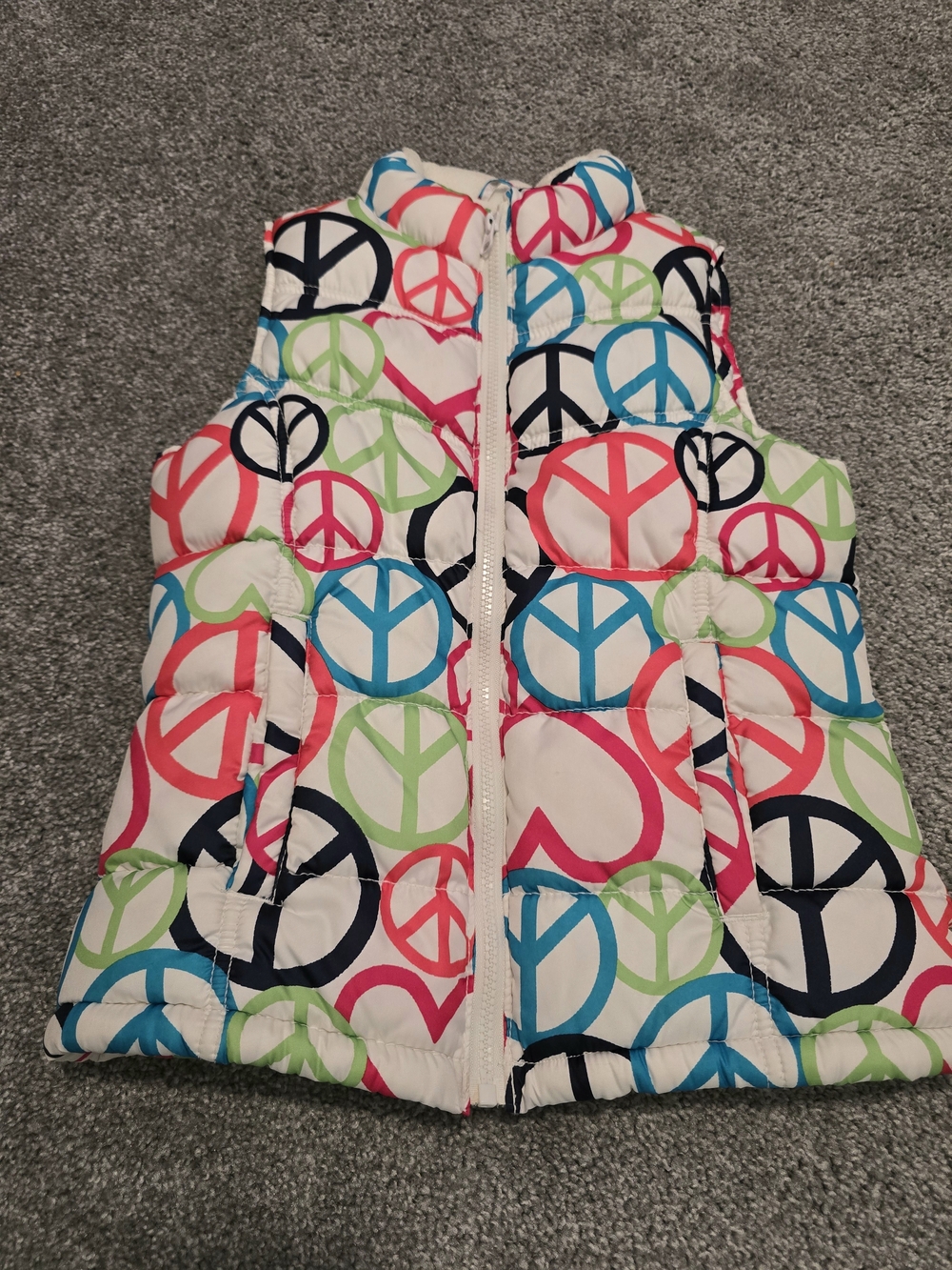 Old Navy Girls White Peace Sign Print Puffer Vest Fleece‎ Lined Size Large 10/12